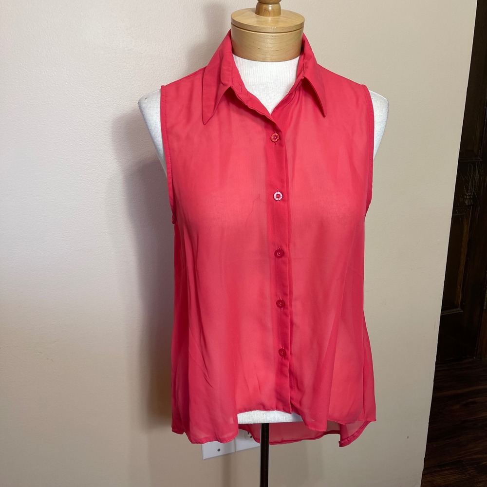Ali & Kris Womens Coral Pink Sleeveless Chiffon High-Low Button Down Top L